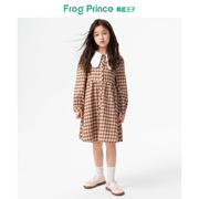 青蛙王子女童娃娃领连衣裙长袖春秋季女孩时髦格纹泡泡袖裙子