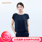 HONRN/红人藏蓝色宽松休闲气质短袖圆领套头雪纺衬衫上衣女夏季