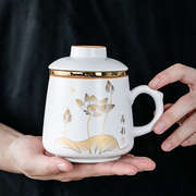 茶杯陶瓷杯子水杯马克杯咖啡杯情侣，带盖子家用简约描金三件杯大
