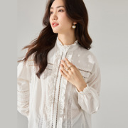 24中式春南法假日棉刺绣镂空花边，白色衬衫女浪漫边长袖上衣15615
