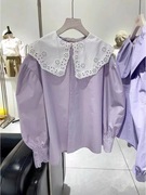 韩国东大门2024春季娃娃领减龄设计感别致甜美紫色衬衫上衣