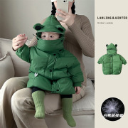 韩版婴儿冬装儿童宝宝，过膝白鸭绒(白鸭绒，)外套男童绿色可拆卸羽绒服中长款