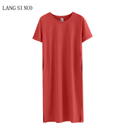 夏季韩版圆领纯棉红色休闲连衣裙，中长款开叉带口袋短袖t恤裙