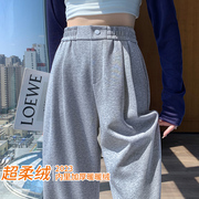 运动裤女秋冬季2023灰色加绒休闲卫裤小个子窄版阔腿直筒裤子