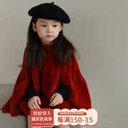 女童斗篷秋冬2023韩版女宝宝洋气针织外套婴儿，新年装红色披风