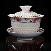 冰晶蜂巢玲珑陶瓷茶具，整套镂空青花，金线功夫茶碗盖碗茶杯套装