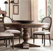 出口欧洲美式圆餐桌法式实木橡木家具仿古做旧圆桌子RH风格可定制