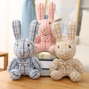 创意兔子布艺公仔坐姿格子领结，长耳朵小白兔，毛绒玩具儿童安抚玩偶