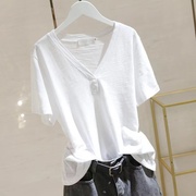 v领白色t恤短袖，女2024夏韩版宽松ins女装，纯棉体恤衫半袖上衣