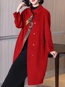 双面羊毛香云纱毛呢外套，高贵大码女装，秋冬洋气妈妈红色大衣c