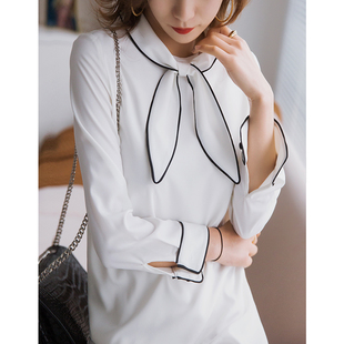 x浪漫优雅减龄蝴蝶领结设计经典，黑白色镶边，宽松轻盈雪纺连衣裙#