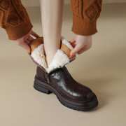羊皮毛一体雪地靴女真皮厚底大棉鞋，坡跟松糕底厚毛短靴显瘦马丁靴