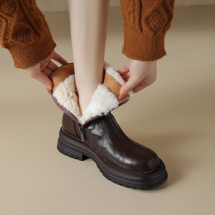 羊皮毛一体雪地靴女真皮厚底，大棉鞋坡跟松糕底厚毛短靴显瘦马丁靴