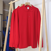 大红色长袖polo衫春季男女同款，t恤半袖翻领，夏中年(夏中年)纯棉中国红上衣