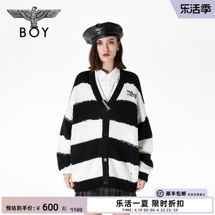 BOYLONDON秋季男女同款V领黑白条纹时尚甜酷长袖针织开衫N64000