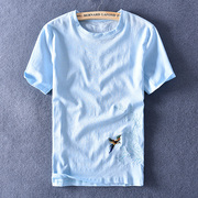 中国风刺绣亚麻透气短袖蓝色，t恤男棉麻，绣花半袖麻料潮牌潮流体恤