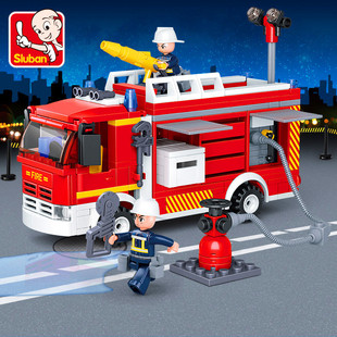 小鲁班拼装积木火警系列水罐消防车组装模型男孩拼插玩具礼物0626
