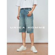 UNICA HOMME/夏日B备_篙时髦百搭破洞水洗磨毛_男士五分牛仔短裤