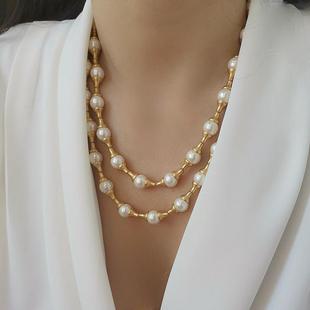 英国LuísaLizz复古重工轻奢贝壳珍珠毛衣链高级感时尚拼接长项链