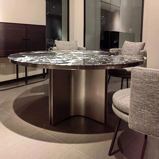 意式极简大理石圆形餐桌椅组合不锈钢高级感天然奢石超晶石饭桌子