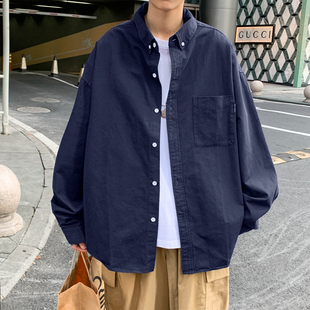 日系cityBoy纯色长袖衬衫男女款纯棉小众设计感叠穿翻领衬衣外套