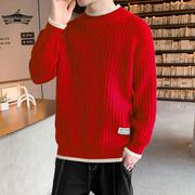 红色毛衣男士圆领毛线衣(毛，线衣)潮流麻花，针织衫本命年加绒加厚保暖打底衫