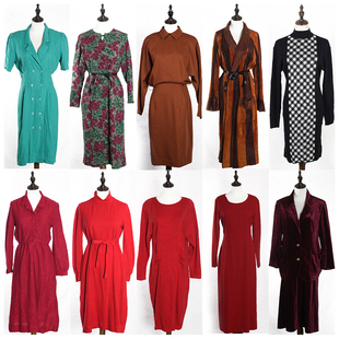 秋冬装孤品vintage昭和，古着森系气质纯色红色，连衣裙复古中长裙