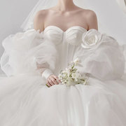 手工花朵白色婚纱手套韩式新娘长款泡泡造型婚礼拍照森系网纱手袖