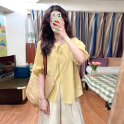 黄色灯笼袖正肩短袖衬衫，女大码夏季设计感小众棉麻衬衣法式娃娃衫