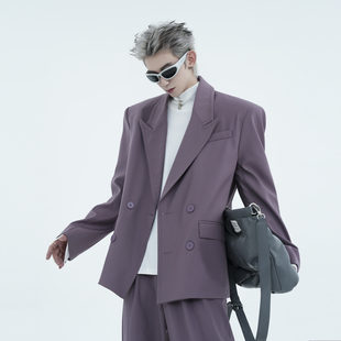 紫色双排扣西装男高级感廓形宽松男士休闲简约气质流行西服外套