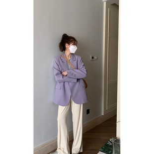 韩版紫色西装外套，女2022年早秋双排扣休闲宽松气质西服上衣