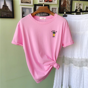 小菠萝刺绣领口破洞圆领宽松短袖T恤女粉色INS火简单百搭棉质潮