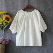 白T恤女短袖上衣棉麻小清新文艺女装夏季减龄显瘦圆领白罩衫宽松