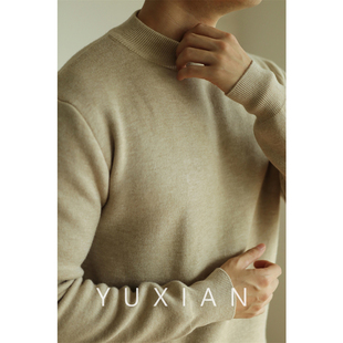 yuxian余闲秋冬一体绒半高领套头，圆领针织毛衣男士加厚轻熟纯色暖