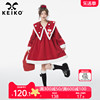 keiko圣诞系列红色毛呢连衣裙，早春小众设计扎花，绝美a字裙子