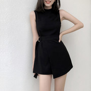 黑色连体短裤女雪纺2023夏季高腰显瘦小个子时尚工装连衣裤潮