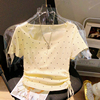 韩版小清新波点抽绳短袖t恤女夏季设计感小众，修身针织上衣ins