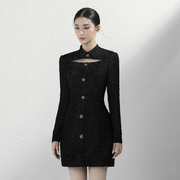 独家授权越南小众，raffine2021冬季长袖挖胸设计毛呢连衣裙