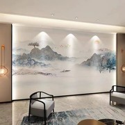 新中式电视背景墙壁纸水墨山水，壁画客厅简约沙发，茶室壁布无缝墙布