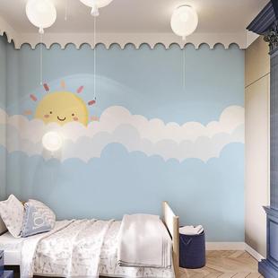 蓝色云朵壁纸男孩女孩卧室无缝壁布，北欧儿童房，墙布简约卡通3d壁纸