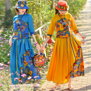 时尚民族风女装春夏季复古棉麻衬衫半身裙两件套云南旅游度假