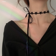 黑色五角星星蕾丝系带项链，简约气质蝴蝶结颈链，公主个性锁骨链
