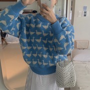 韩国chic秋冬法式减龄可爱小鸭子图案长袖打底针织衫卡通圆领毛衣