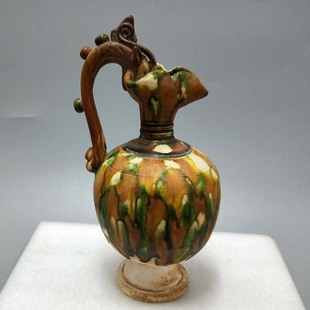 客厅陶瓷工艺品单柄龙瓶，仿古唐三彩摆件家居饰品，非遗中式瓷器