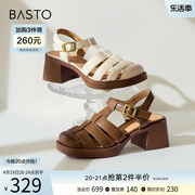百思图夏季商场同款复古猪笼鞋粗跟女高跟凉鞋VMI01BL3