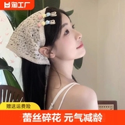 头巾女包头田园风碎花蕾丝三角巾海边度假发带拍照头饰钩花旅游