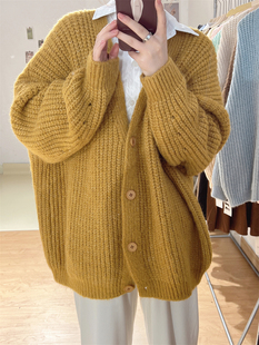 韩国粗针加厚毛衣宽松外套，纯色韩版学院风气质，开衫秋冬保暖针织衫