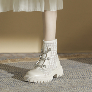 海伦馆白色马丁靴，女网纱透气女靴，2024年短靴夏季薄款镂空靴子