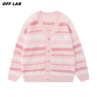 粉色条纹毛衣开衫女宽松慵懒秋冬甜美温，柔风奶fufu水貂毛针织外套