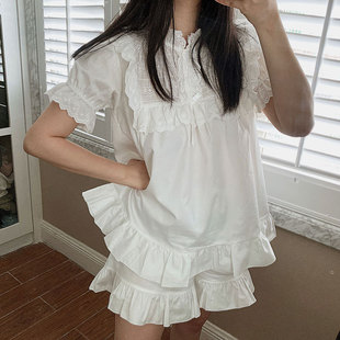 日系纯棉睡衣女夏短袖短裤两件套仙女白色家居服薄款甜美可爱睡衣